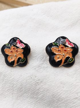新中式珐琅手绘花朵耳钉中国风优雅中古风耳钉配旗袍黑色滴油B800