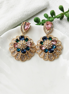 大款重工耳饰法式夸张花朵紫色满钻高级感耳坠小众耳钉耳饰C320