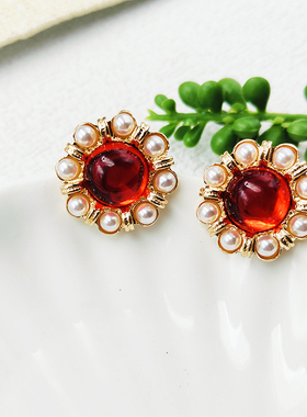 复古红色圆形耳饰珍珠款花朵耳钉轻奢高级感气质耳环时尚女C304