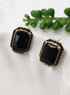 vintage中古黑色宝石方形几何长方形高级感耳钉耳环女耳夹B854