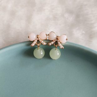 抖音同款蝴蝶桃心清新通透小猫绿色珠珠耳环清雅气质民族861