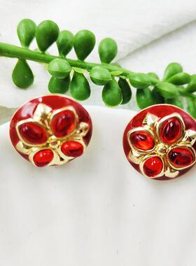 欧美风年代感耳饰宫廷古董银针复古气质红色圆形滴油耳钉C180