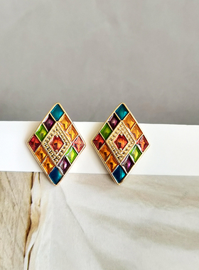 vintage温柔法式彩绘耳钉小众复古百搭耳环菱形银针撞色艺术B325