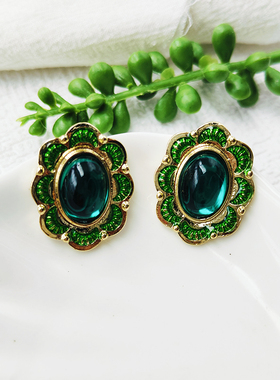 中古港风耳饰古董Vintage复古时髦夸张绿色宝石耳钉银针C079