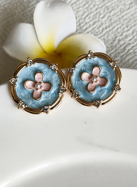 复古小众珐琅花朵耳钉圆形气质高级感油画耳环配饰女法式优雅B537