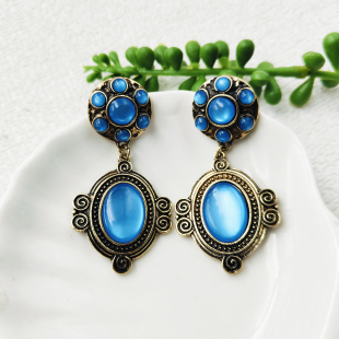 中古vintage耳饰复古宫廷风做旧耳环女蓝色美拉德耳坠C491
