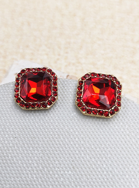 中式复古红色玻璃耳饰轻奢小众高级感正方形银针耳钉耳夹B894
