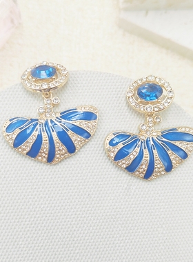 法式复古深蓝色海洋鱼尾滴油耳环小众轻奢精致时尚中古耳饰C282