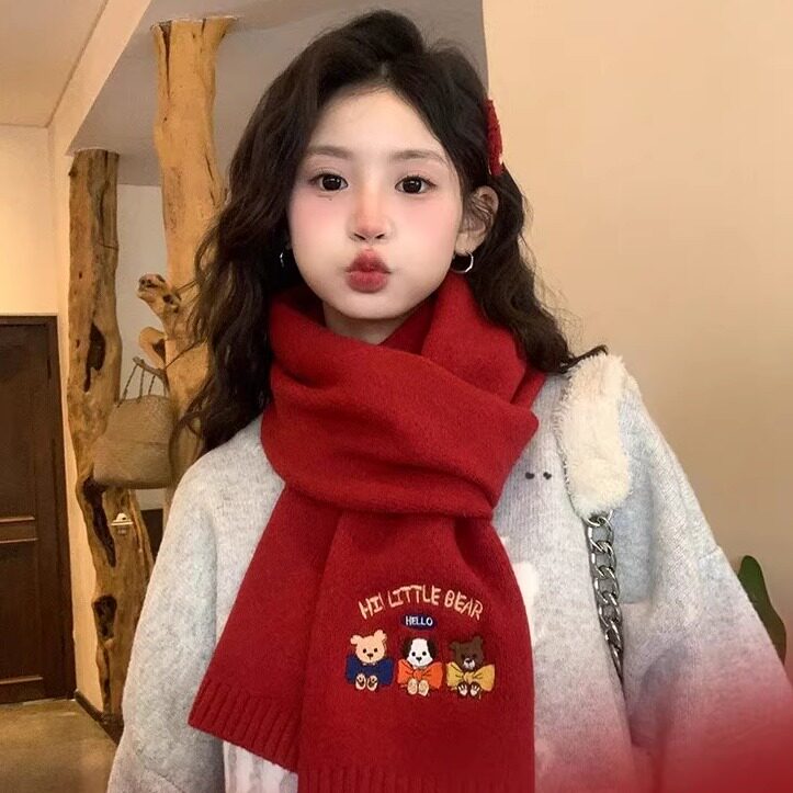可爱小熊刺绣针织围巾女冬季保暖
