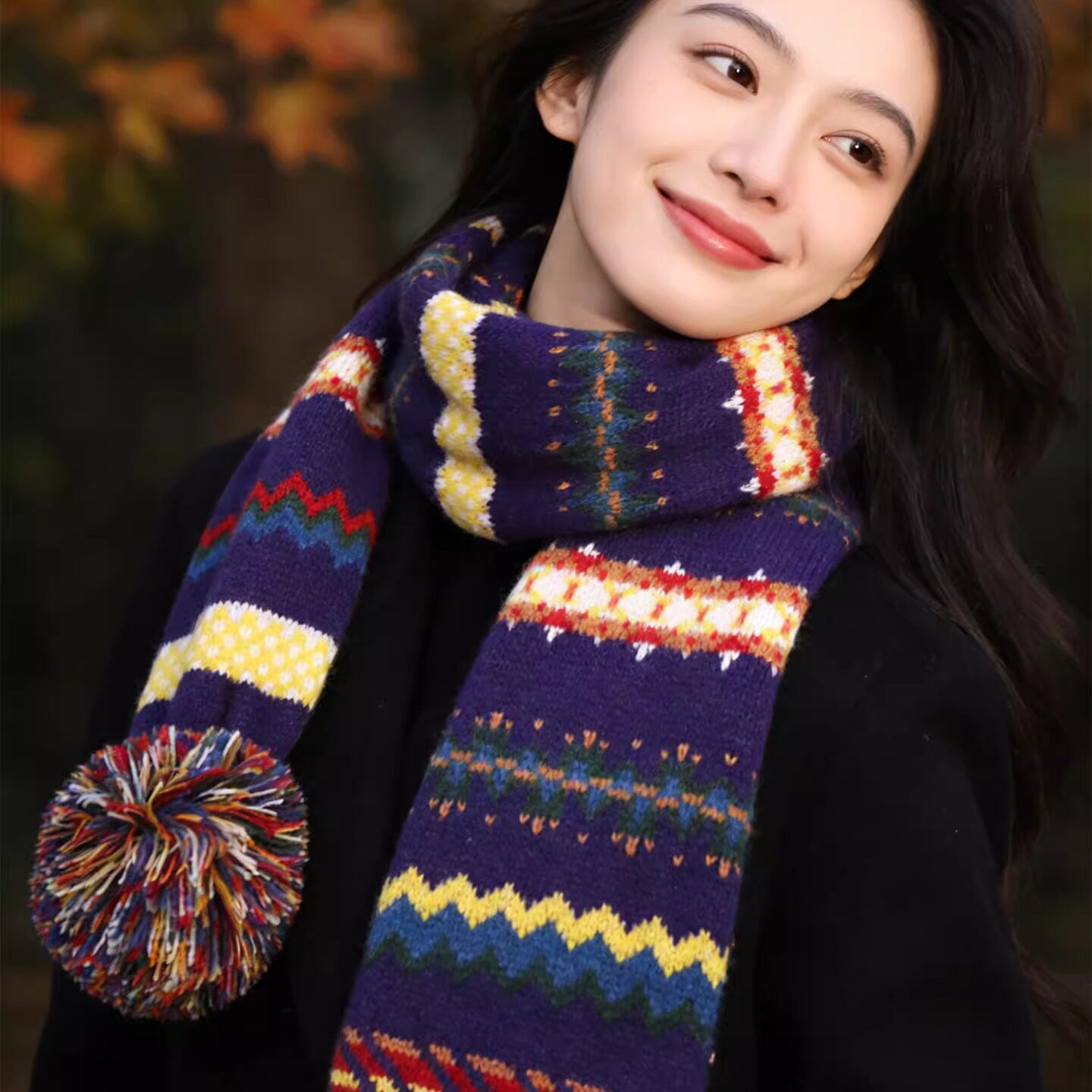 费尔岛条纹针织围巾氛围感披肩女