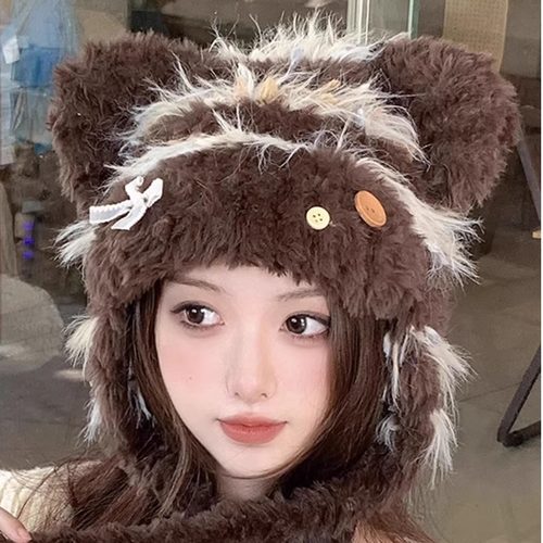 日系蝴蝶结条纹针织毛线帽