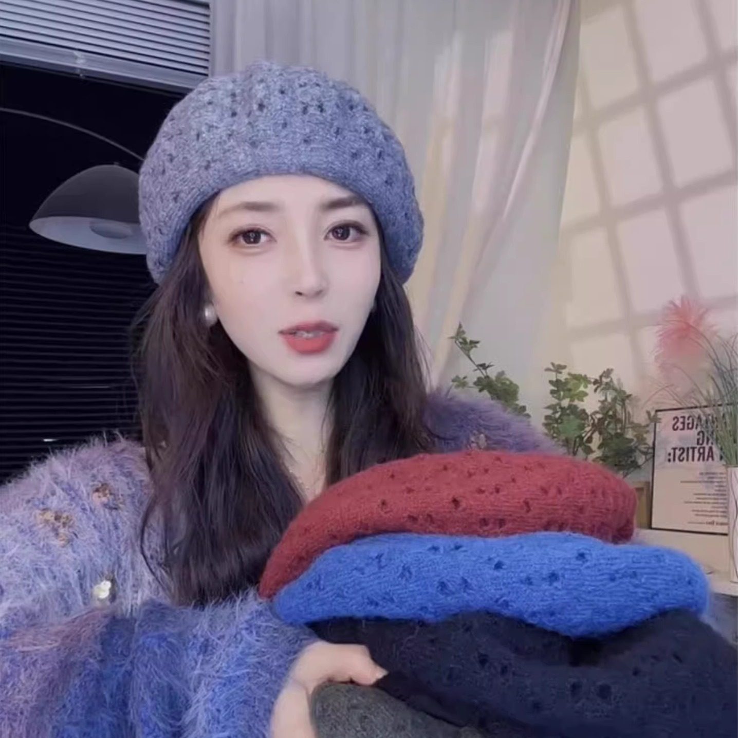 韩系纯色镂空针织贝雷帽子女秋冬季大头围双层加厚画家帽保暖洋气