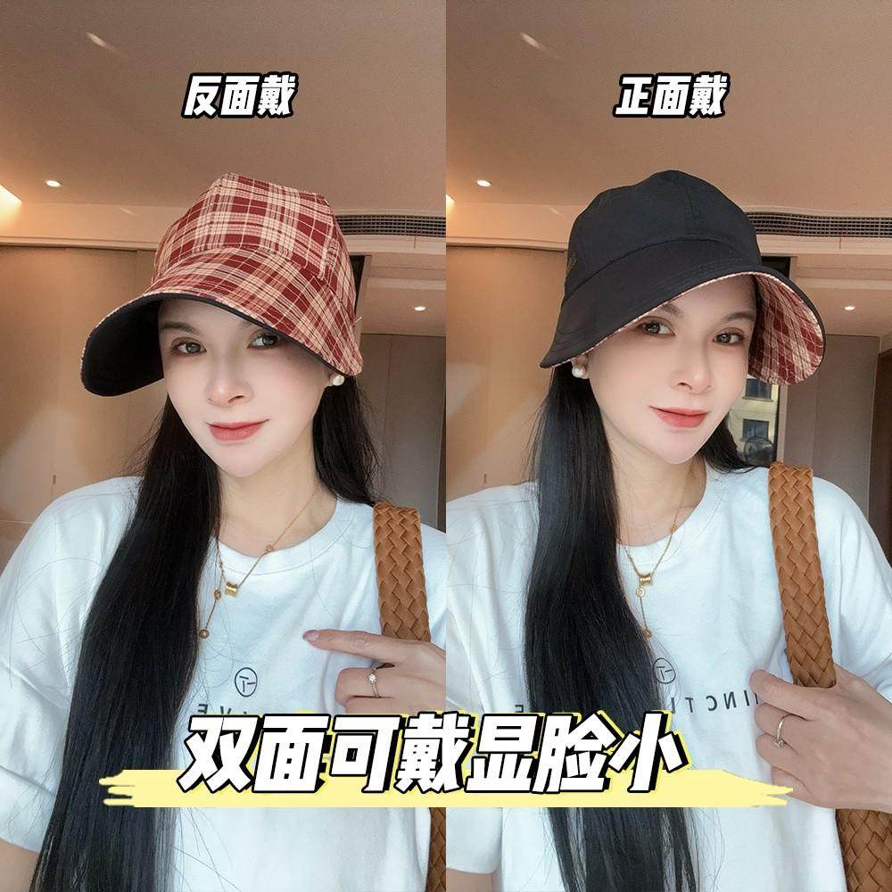 网红格纹双面戴鸭舌渔夫帽子女春夏季款遮阳防晒帽显脸小鸭舌帽潮