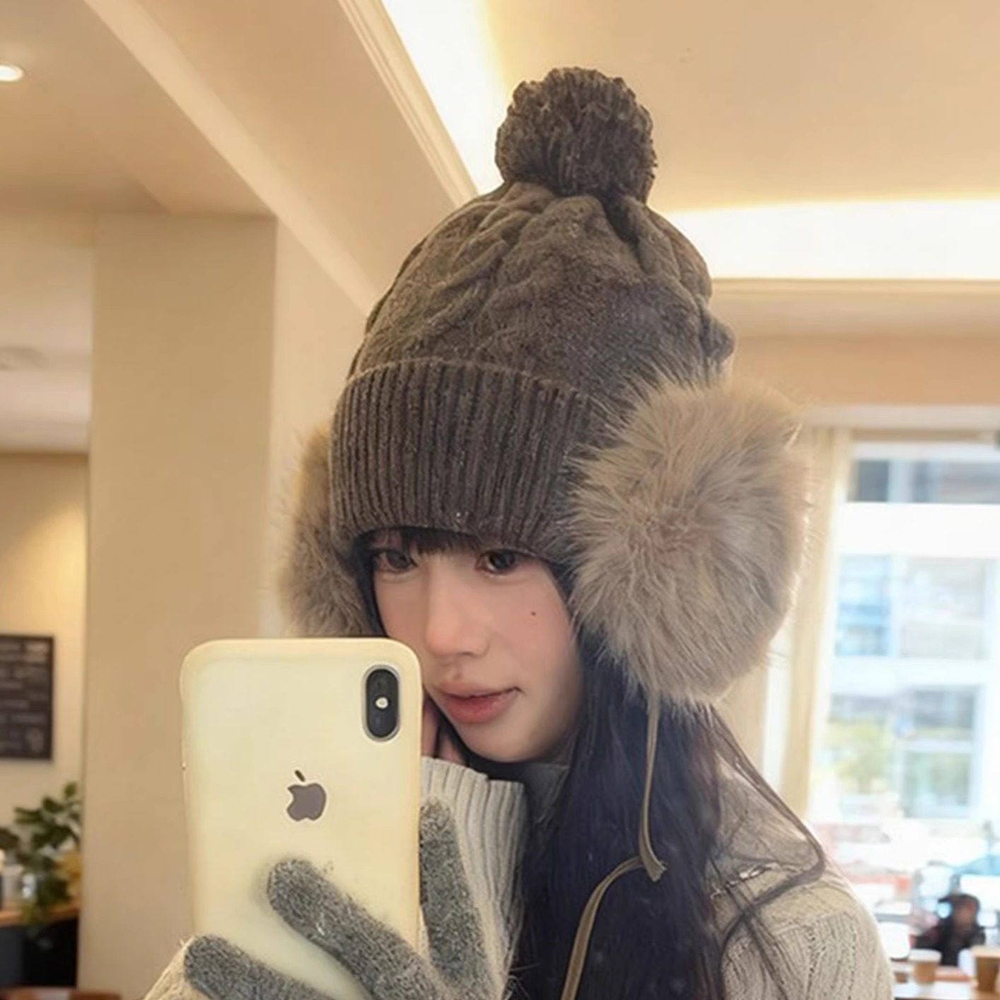 复古纯色针织帽子女秋冬季大头围保暖毛线帽滑雪防寒毛绒耳罩护耳