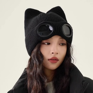 飞行员墨镜针织帽子女生秋冬季时尚加绒毛线帽滑雪保暖冷帽显脸小