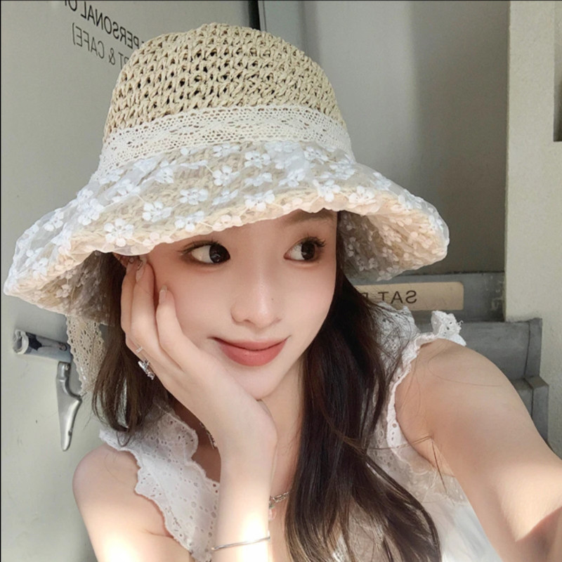 日系新款草帽子女夏季小清新蕾丝花朵防晒帽户外出游沙滩遮阳帽女