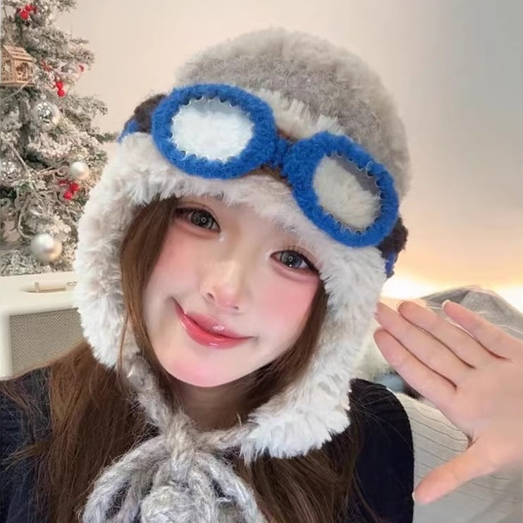 可爱眼镜毛绒飞行帽女加绒护耳帽