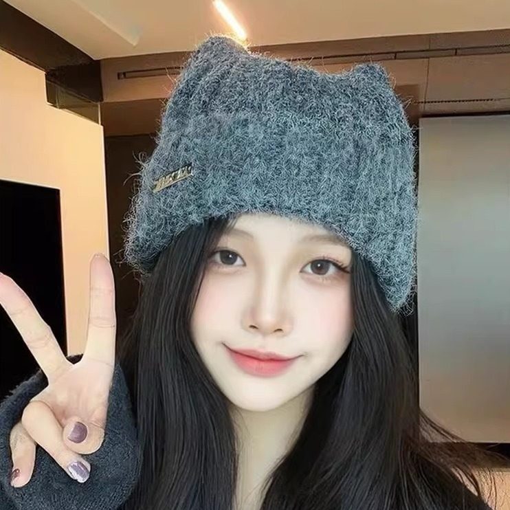 可爱猫耳毛绒针织帽子保暖显脸小