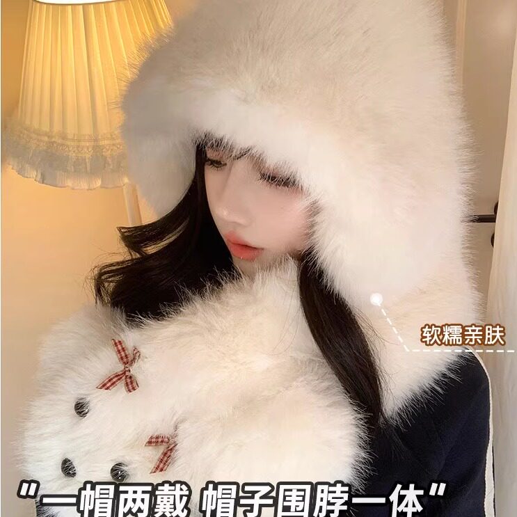 女生冬季可爱毛绒帽围巾帽子一体
