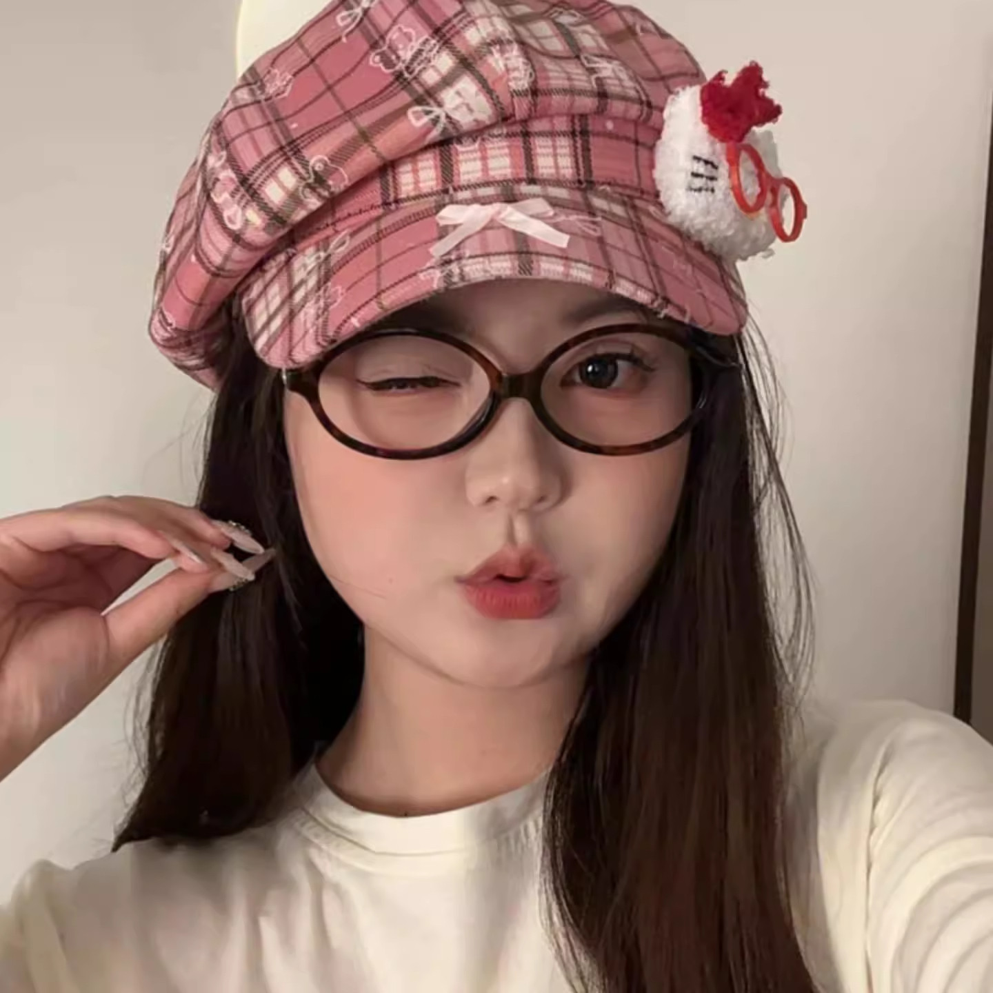 原创格子古早味蝴蝶结八角帽