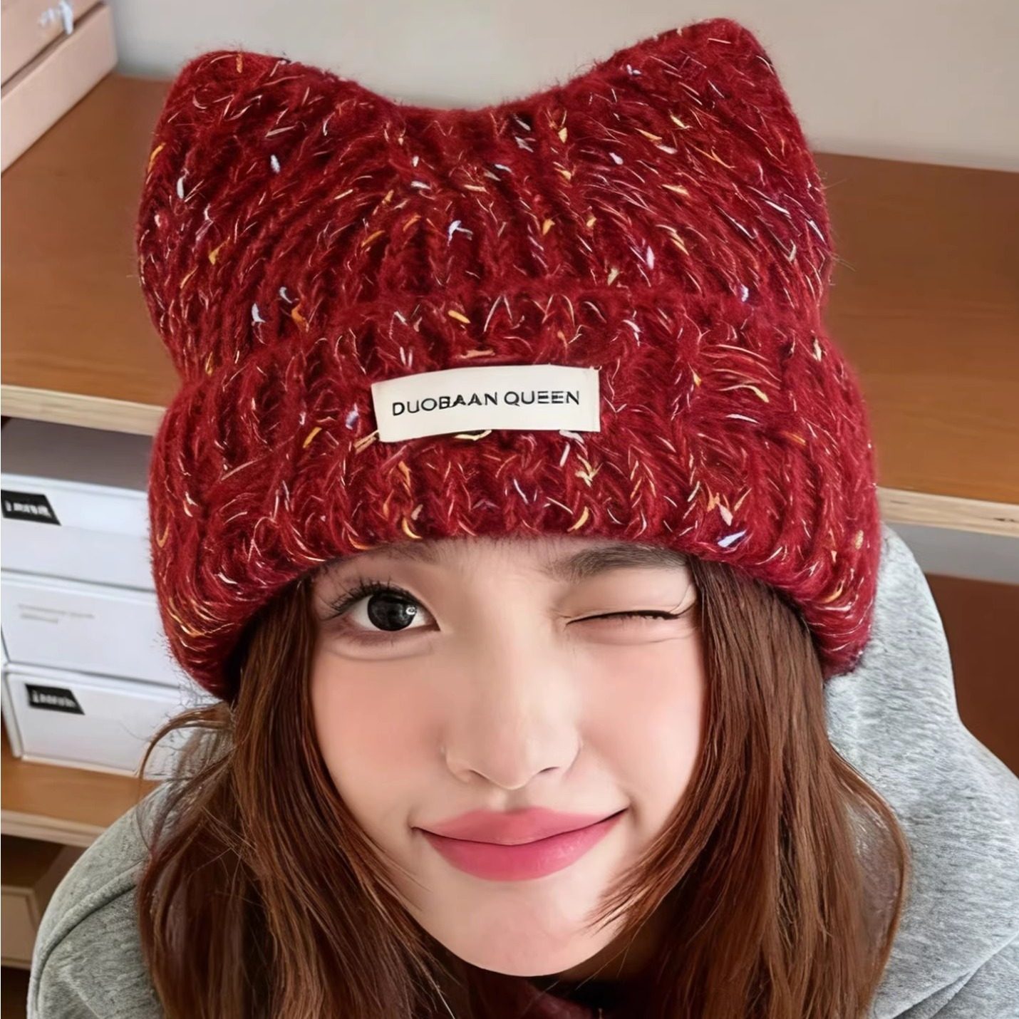 可爱猫耳混色毛绒针织帽子女秋冬季保暖加厚毛线帽护耳冷帽显脸小