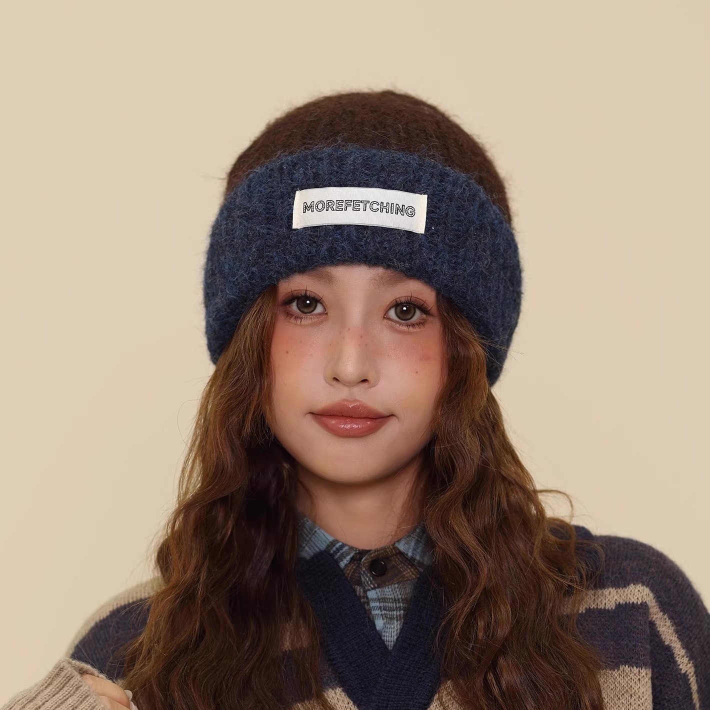 韩版撞色针织帽子女秋冬季保暖百搭加厚毛线帽护耳套头冷帽显脸小