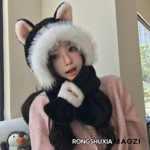 可爱腮红小猫毛绒帽女围巾一体