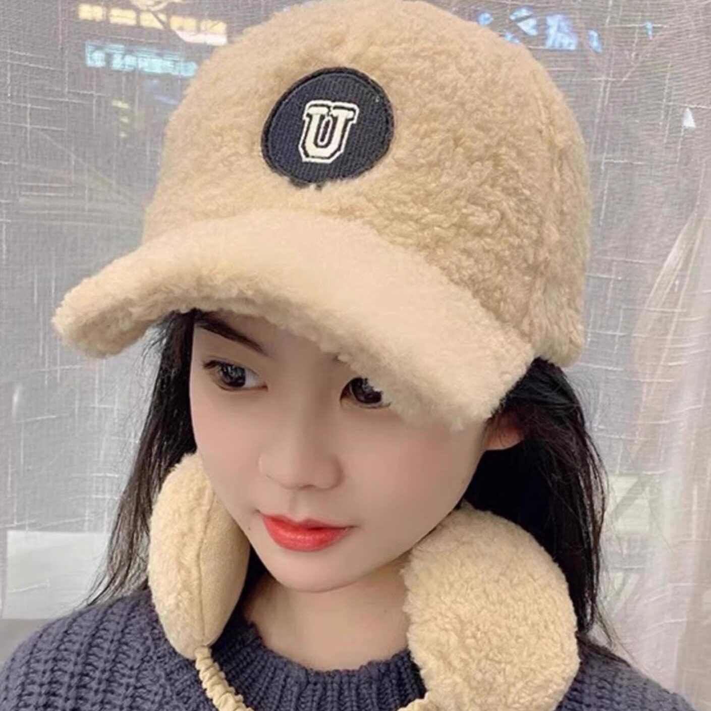 女冬季羊羔绒鸭舌帽耳罩一体加绒