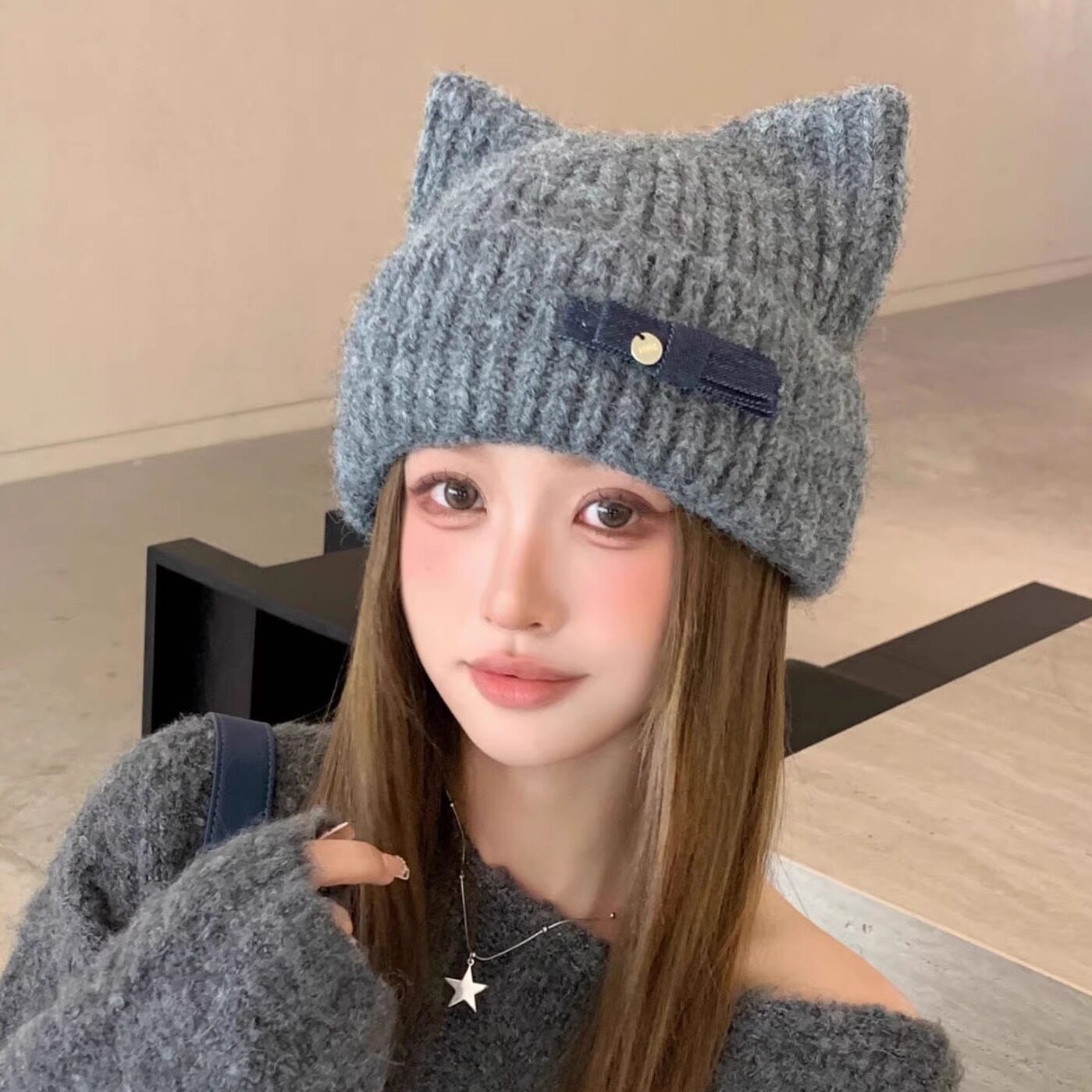 日系可爱猫耳朵针织帽女冬季保暖