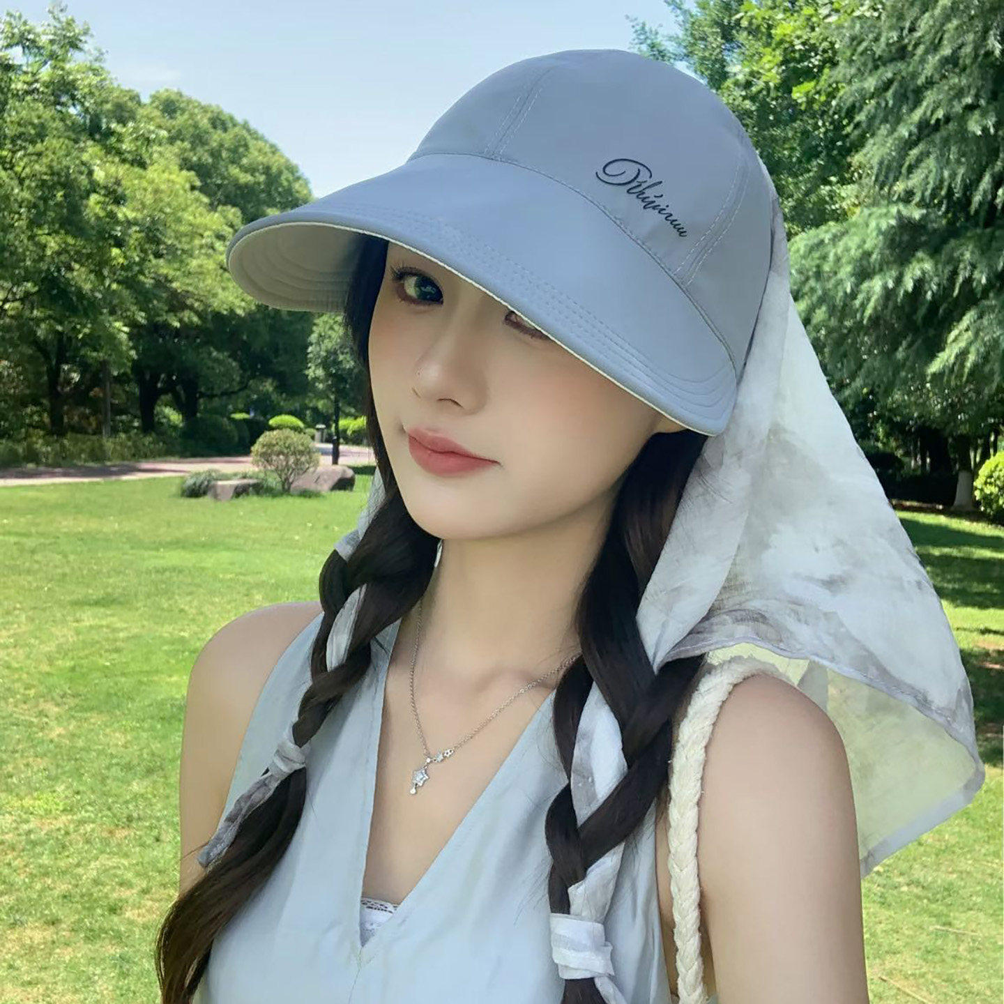 夏季丝巾空顶防晒鸭舌帽护颈遮阳