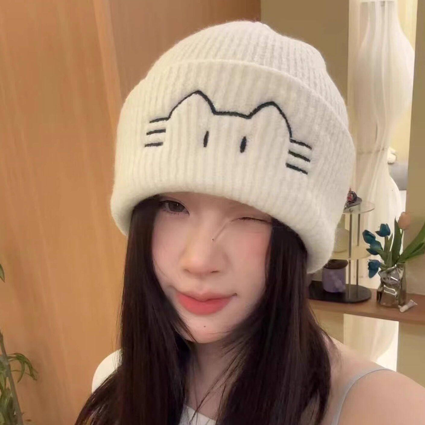 韩版猫咪刺绣针织毛线帽女冬保暖