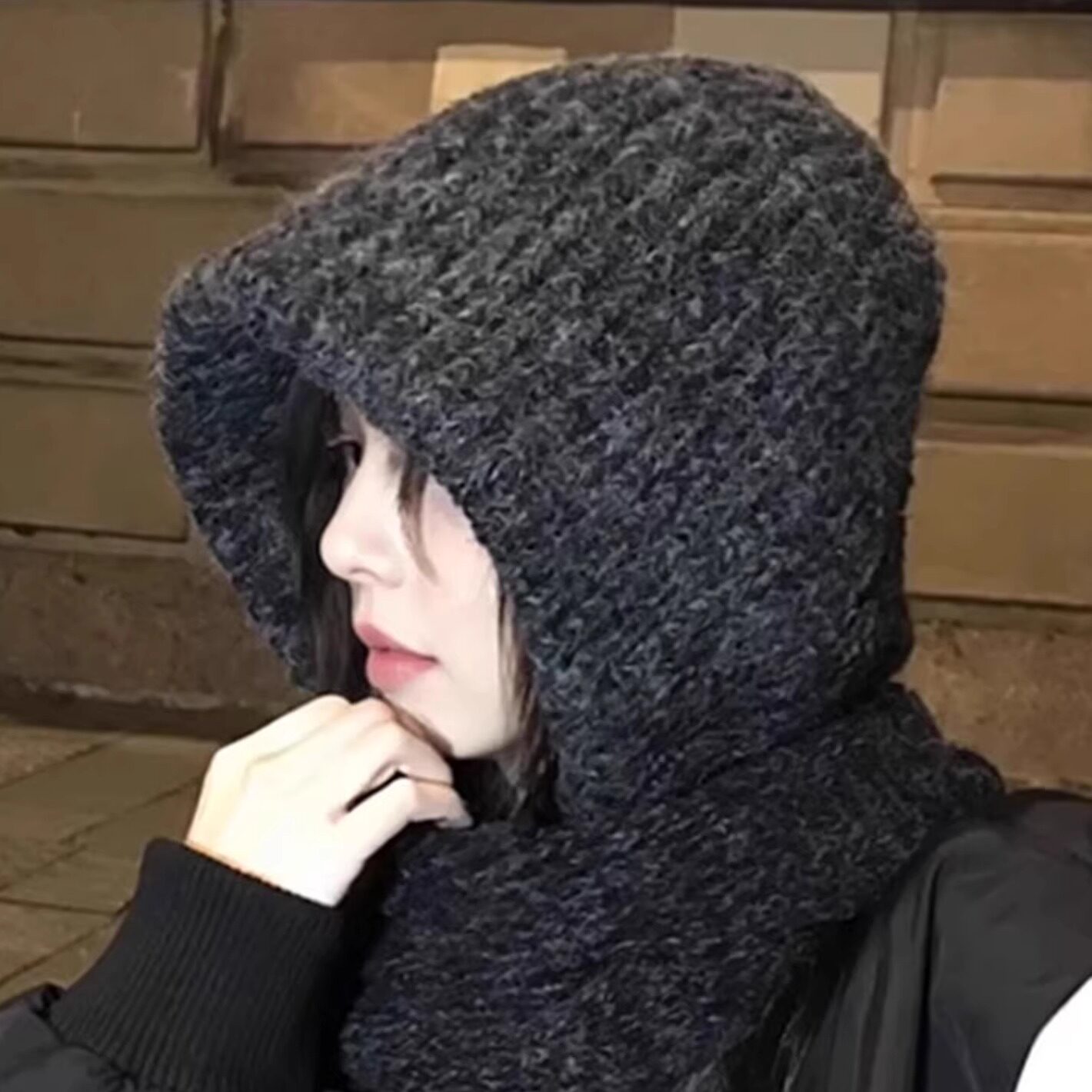 巴拉克拉法加绒针织帽围巾一体女
