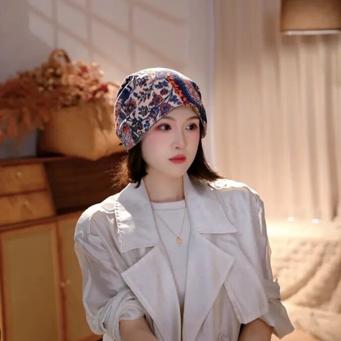 夏季透气复古印花显脸小包头帽女