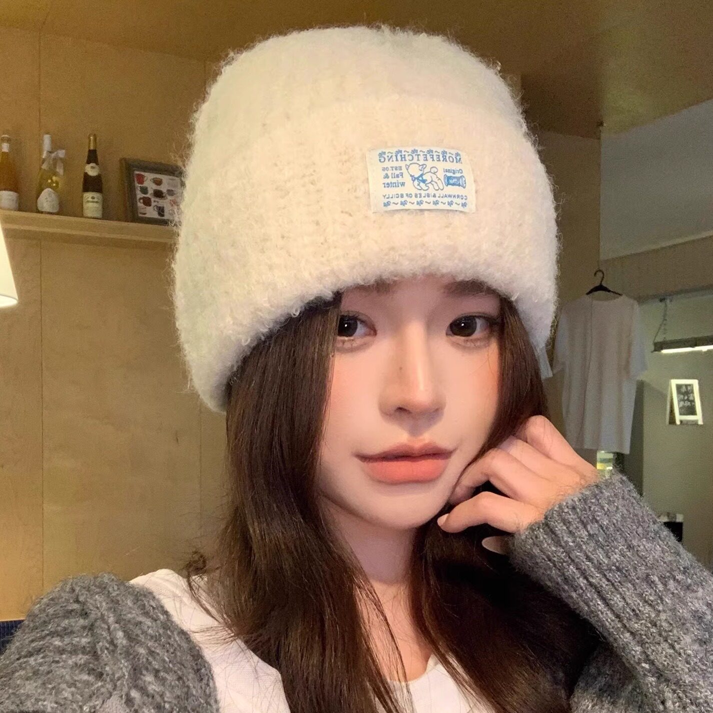 韩版纯色字母贴布毛绒针织帽保暖