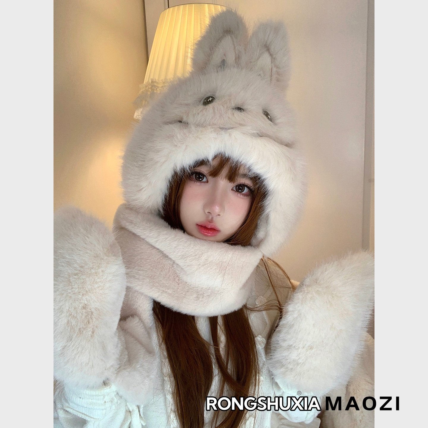 呆萌拉布布毛绒帽子三件套可爱女