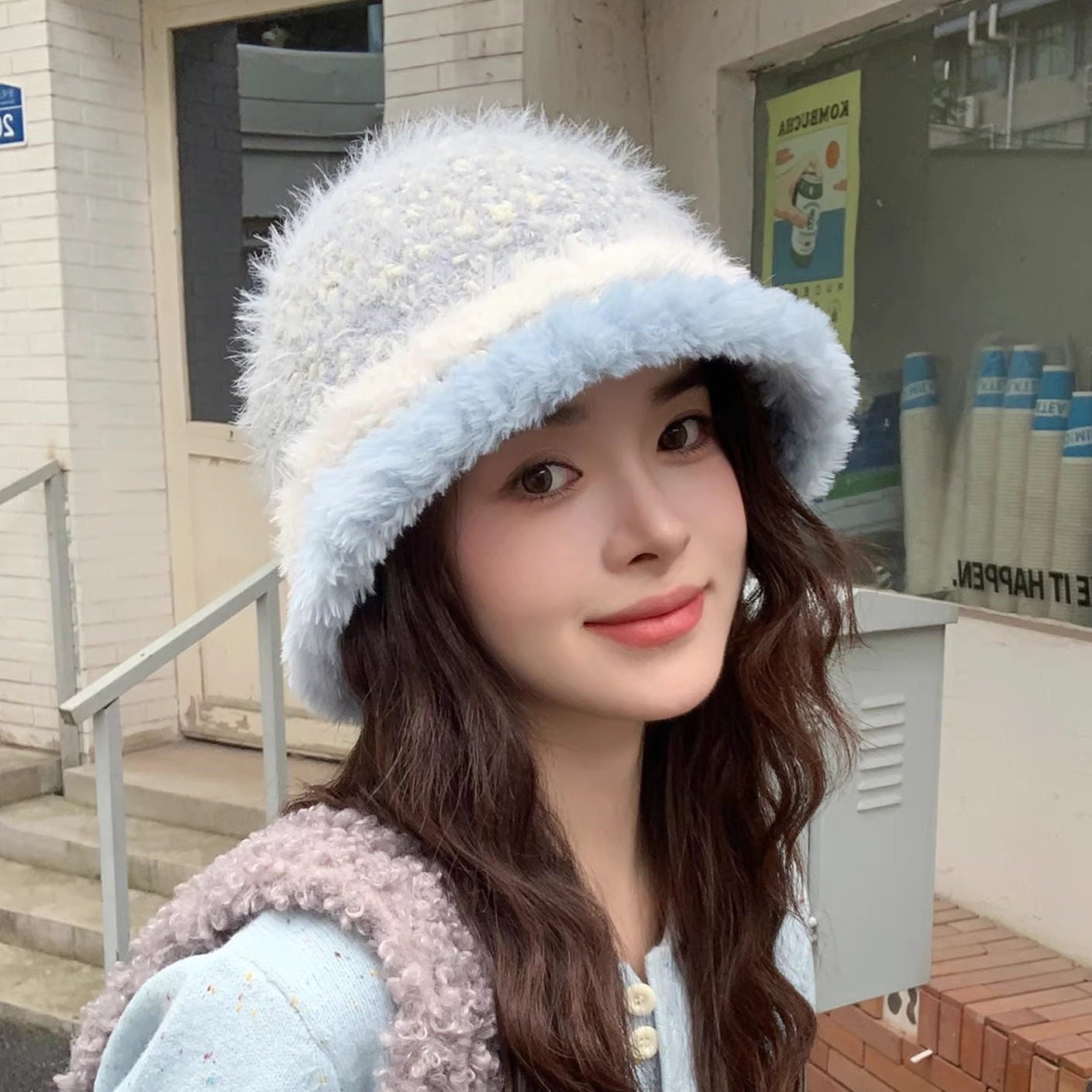 韩系条纹针织渔夫帽保暖护耳盆帽