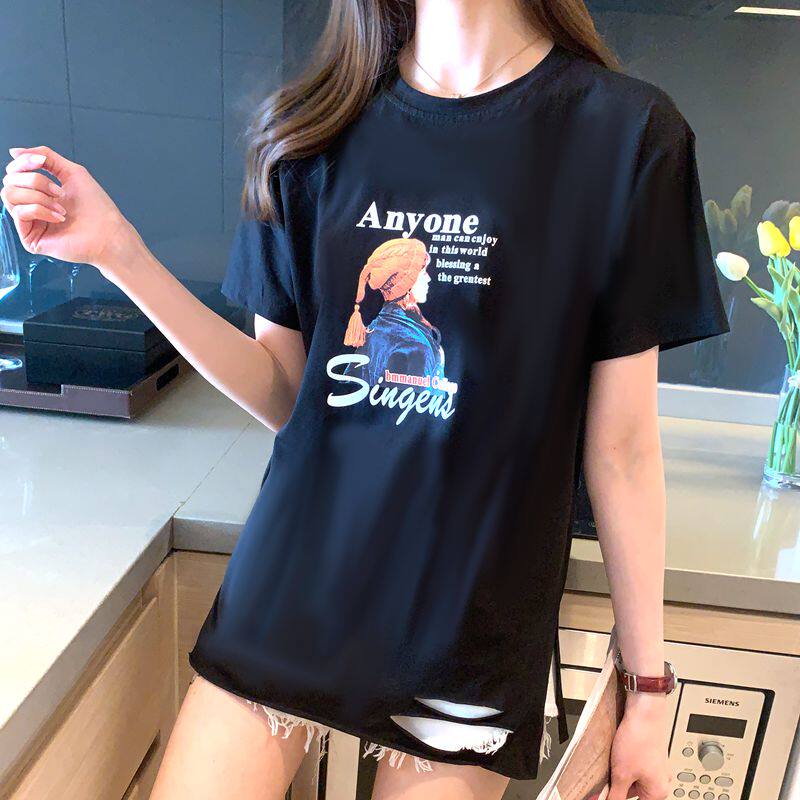 夏季新款中长款破洞黑色短袖t恤女纯棉两侧开叉叠穿上衣ins潮宽松