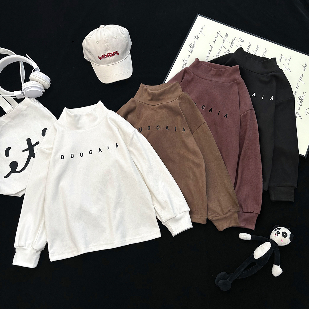 秋冬儿童德绒刺绣打底T恤中高领上衣男女童保暖长袖韩版潮童T恤