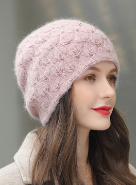 兔毛帽子女秋冬季韩版百搭包头毛线帽骑车防寒护耳保暖贝雷针织帽