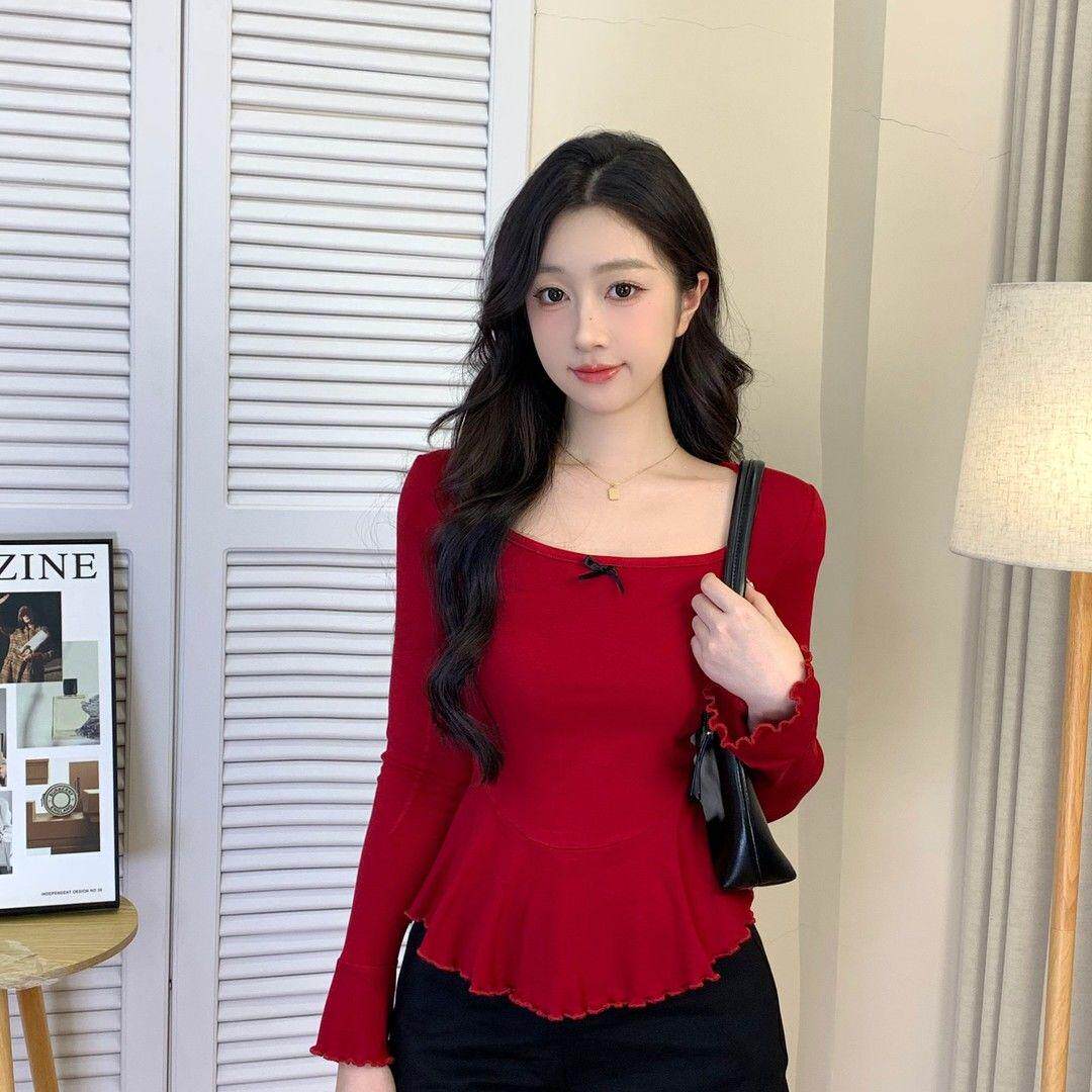 法式气质红色蝴蝶结方领长袖t恤女秋大码胖mm设计感收腰内搭上衣,女装/女士精品,T恤,淘宝优惠券,粉丝福利购,淘宝优惠卷