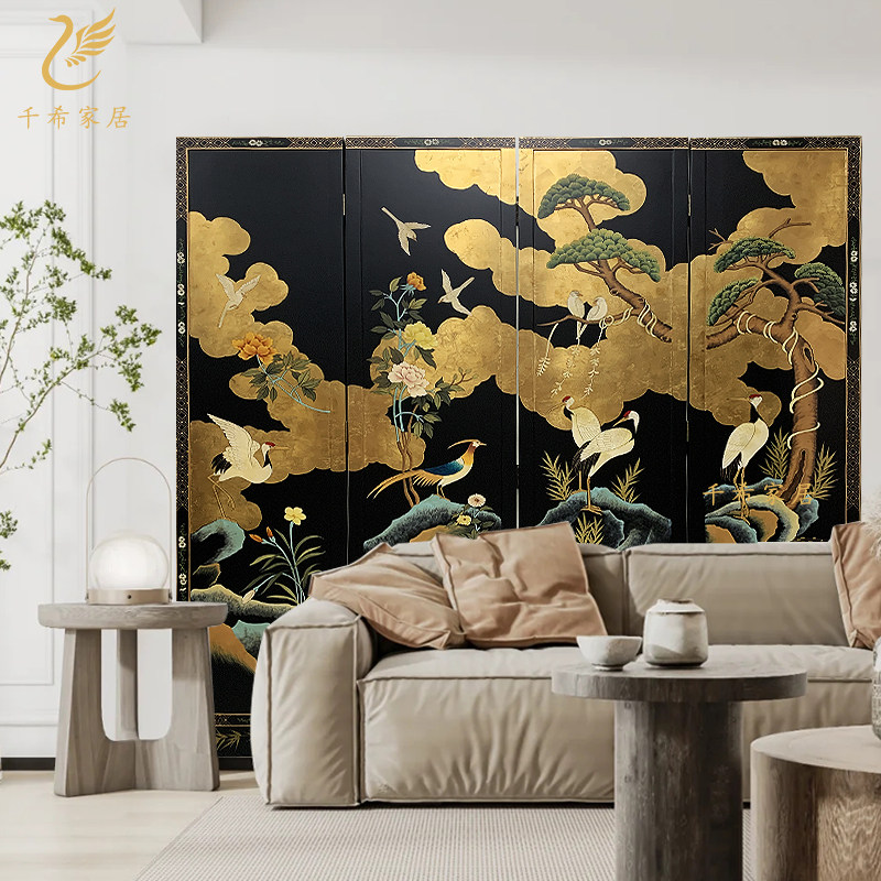 千希法式中古风手绘金箔屏风漆画松鹤隔断复古茶室办公室沙发背景