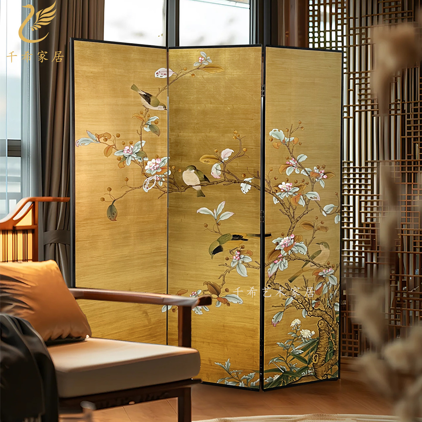 中古风手绘漆画屏风金箔花鸟茶室客厅餐厅中式玄关隔断沙发可定制
