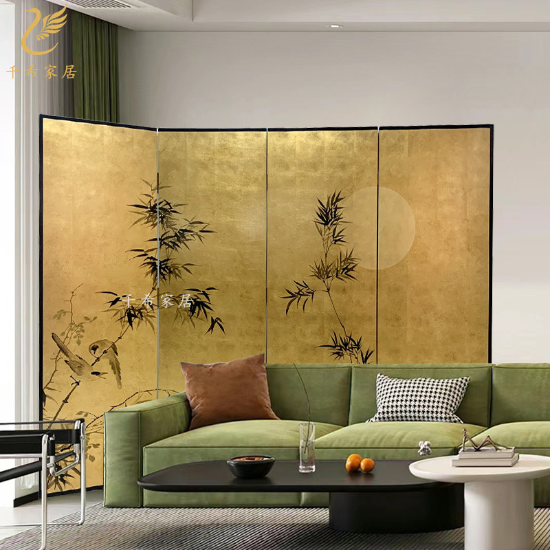 法式中古风手绘漆画金箔屏风隔断折叠式竹子餐厅客厅酒店工程定制