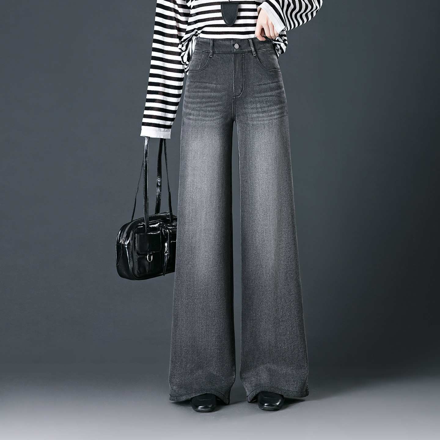 烟灰色阔腿牛仔裤女2026年春秋新款女裤宽松复古显瘦直筒裤子春季
