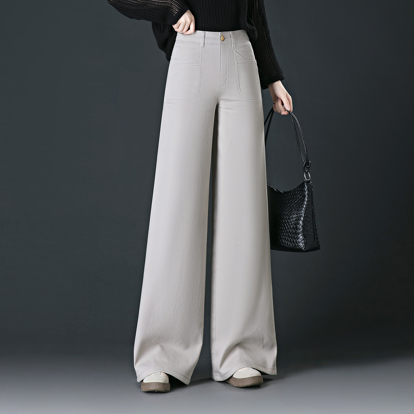 灰白色阔腿牛仔裤女2026新款春季女裤宽松休闲浅色直筒裤子春秋