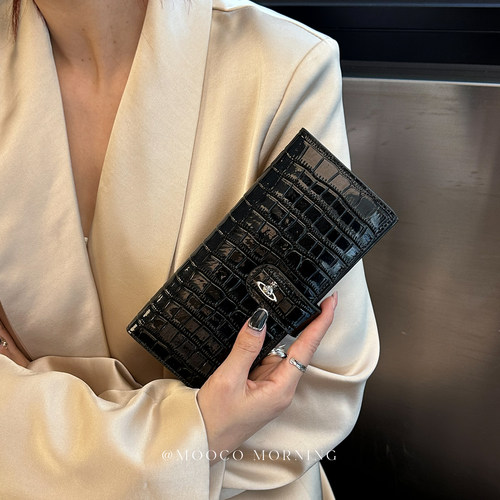鳄鱼纹长款女式钱包真皮高级感多卡位日韩证件收纳纯色大容量搭扣