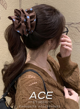 韩系蓝色波点大肠发圈女双层丸子头扎马尾发绳轻奢皮筋2026新款