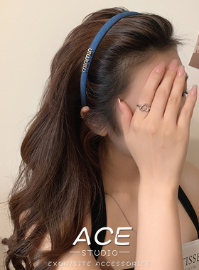 高级感minmin字母牛仔蓝色发箍女2025年新款复古百搭高颅顶细头箍