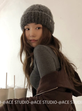 八奶thebaine韩国灰色针织帽毛线帽秋冬保暖大头围时尚百搭冷帽子