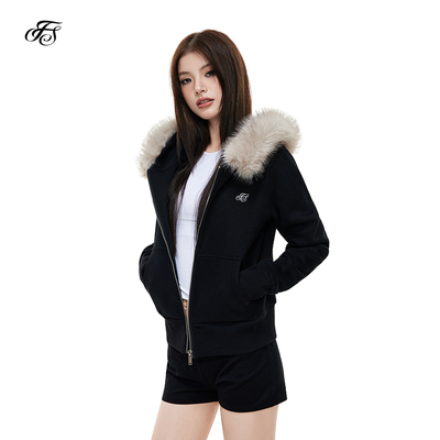 FISSXS 修身显瘦短款毛领开衫外套女连帽休闲百搭卫衣